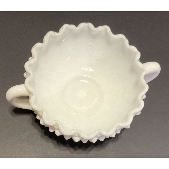 Vtg Fenton Hobnail Milk Glass Handled Sugar Dish w/ Crimped Edges 2.5"H x 5" Dia - Picture 4 of 5